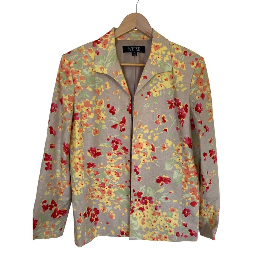 Kasper Womens Floral Linen Blend Open Front Blazer Jacket Tan Yellow Red Size 14